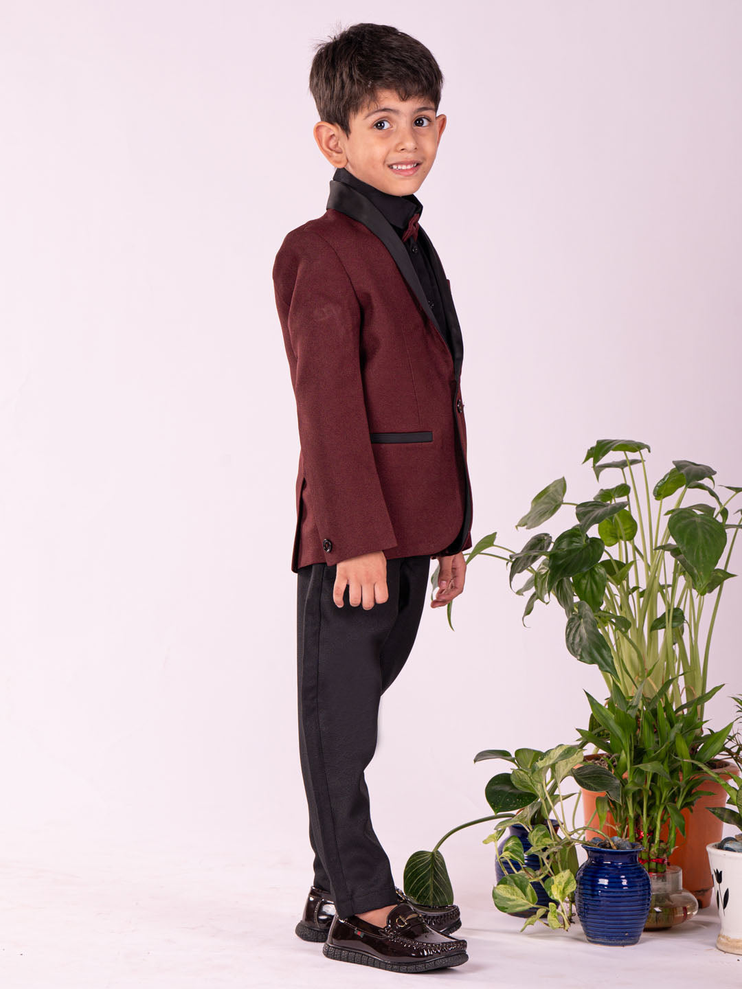 Vastramay Boy's Black And Maroon Shirt Blazer And Pant