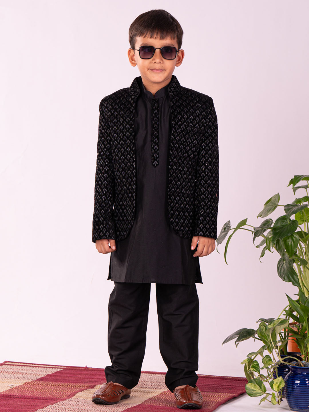 VASTRAMAY Boys' Black Jodhpuri, Kurta and Pyjama Set