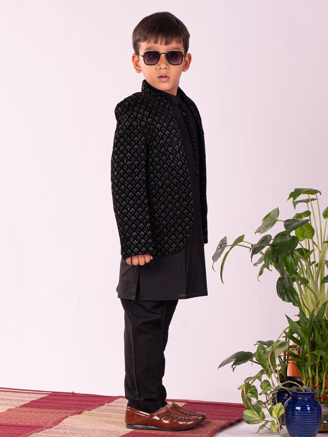 Vastramay Boy's Black Jodhpuri, Kurta and Pyjama Set