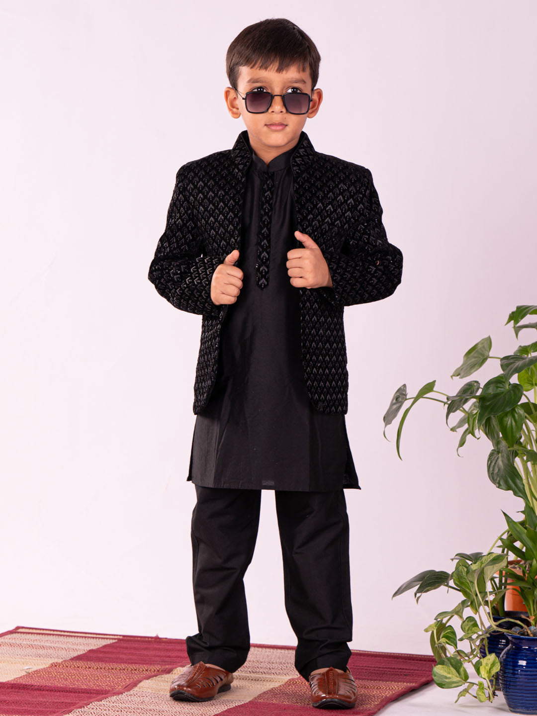 Vastramay Boy's Black Jodhpuri, Kurta and Pyjama Set