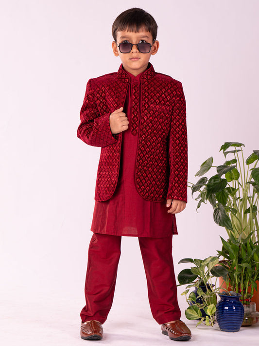 VASTRAMAY Boys' Maroon Jodhpuri And Kurta Pyjama Combo Set