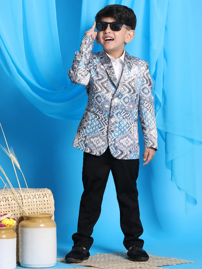 Vastramay boy gray multi color printed silk blend blazer