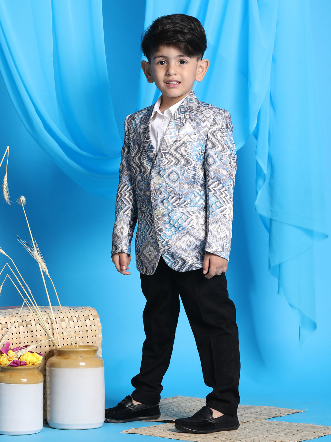 Vastramay boy gray multi color printed silk blend blazer