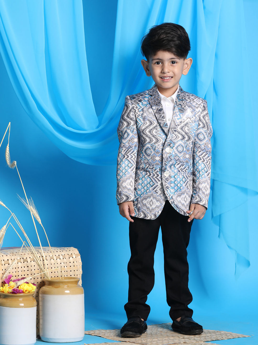 Vastramay boy gray multi color printed silk blend blazer