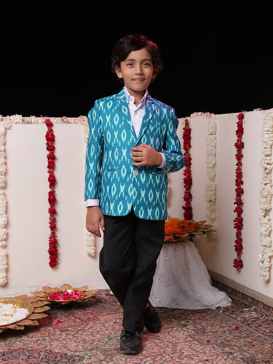 VASTRAMAY Boy's Aqua Ikkat Print Blazer