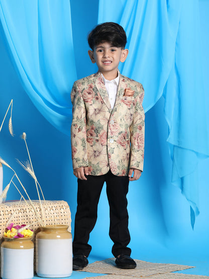 Vastramay boys beige color silk blend floral print blazer