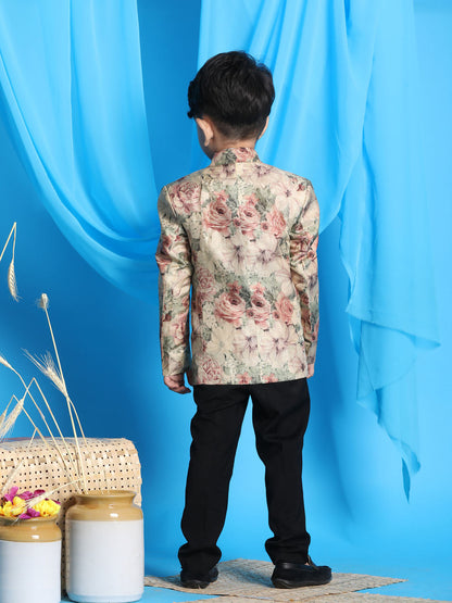 Vastramay boys beige color silk blend floral print blazer