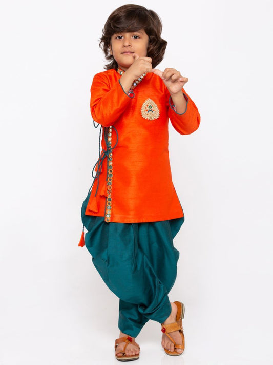 Vastramay Boys' Orange Cotton Silk Kurta and Dhoti Pant Set