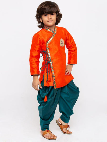 Vastramay Boys' Orange Cotton Silk Kurta and Dhoti Pant Set