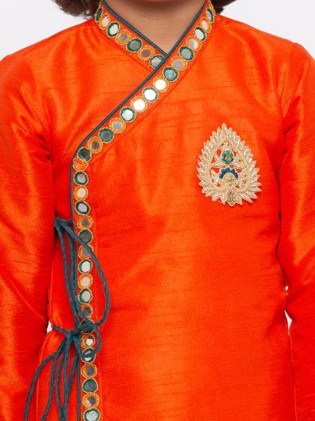 Vastramay Boys' Orange Cotton Silk Kurta and Dhoti Pant Set