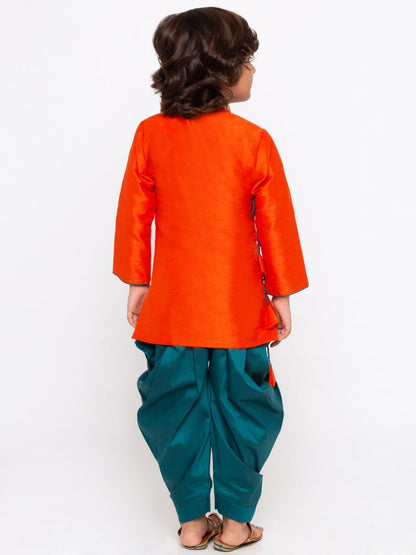 Vastramay Boys' Orange Cotton Silk Kurta and Dhoti Pant Set