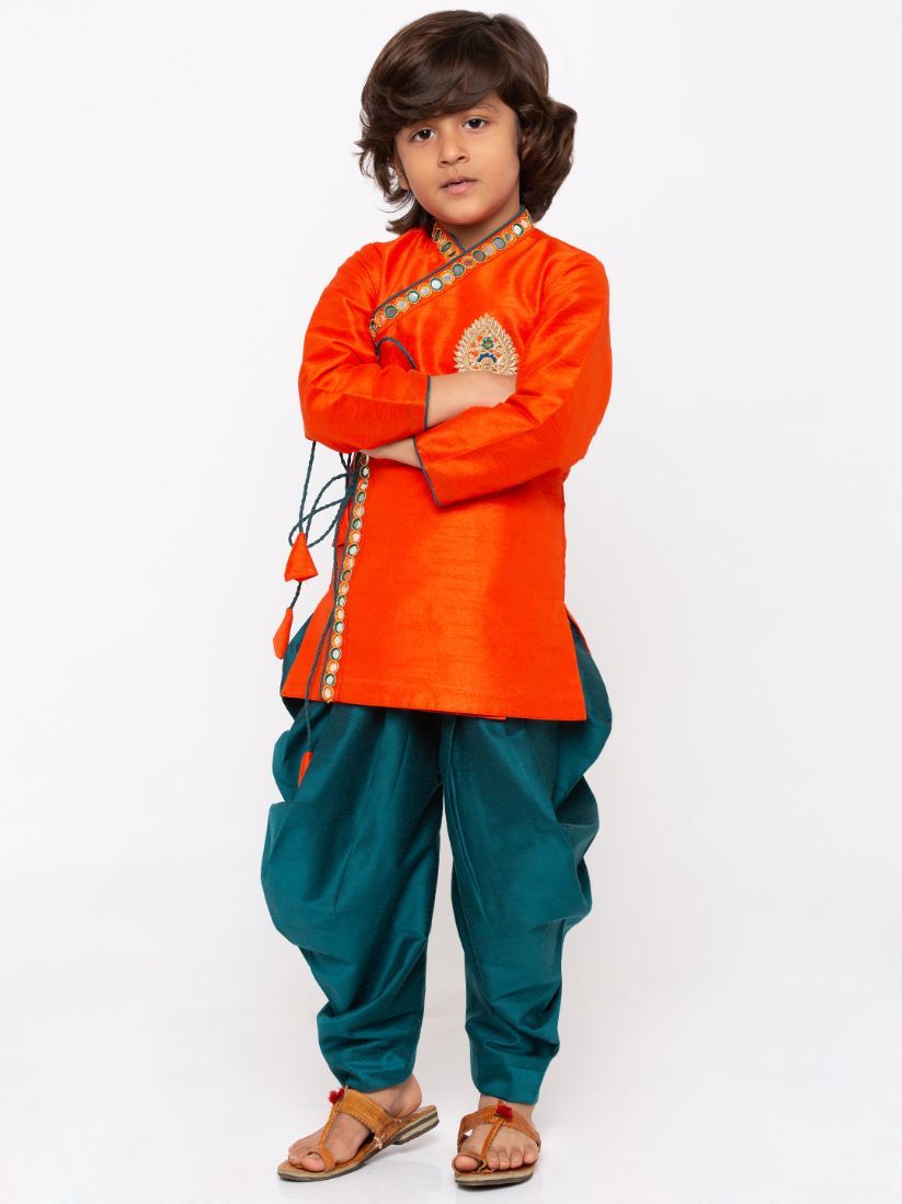 Vastramay Boys' Orange Cotton Silk Kurta and Dhoti Pant Set