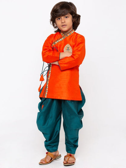 Vastramay Boys' Orange Cotton Silk Kurta and Dhoti Pant Set