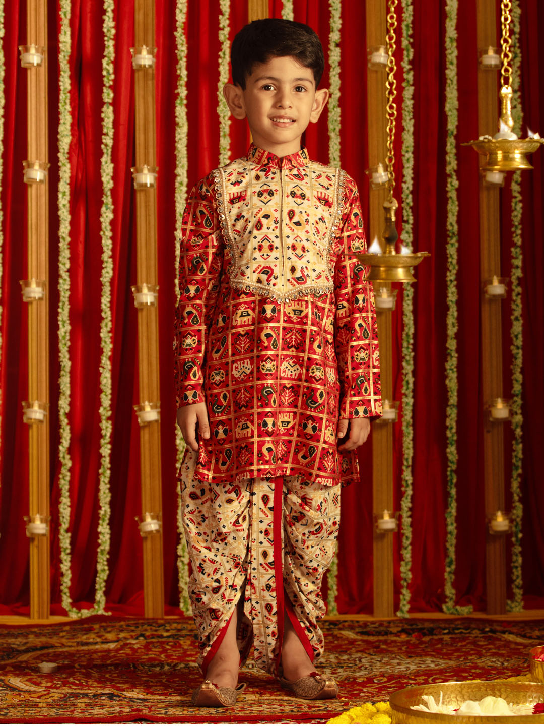 VASTRAMAY Boys' Red And Cream Patola Print Ethnic Kurta And Dhoti Set