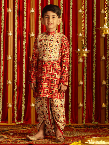 VASTRAMAY Boys' Red And Cream Patola Print Ethnic Kurta And Dhoti Set