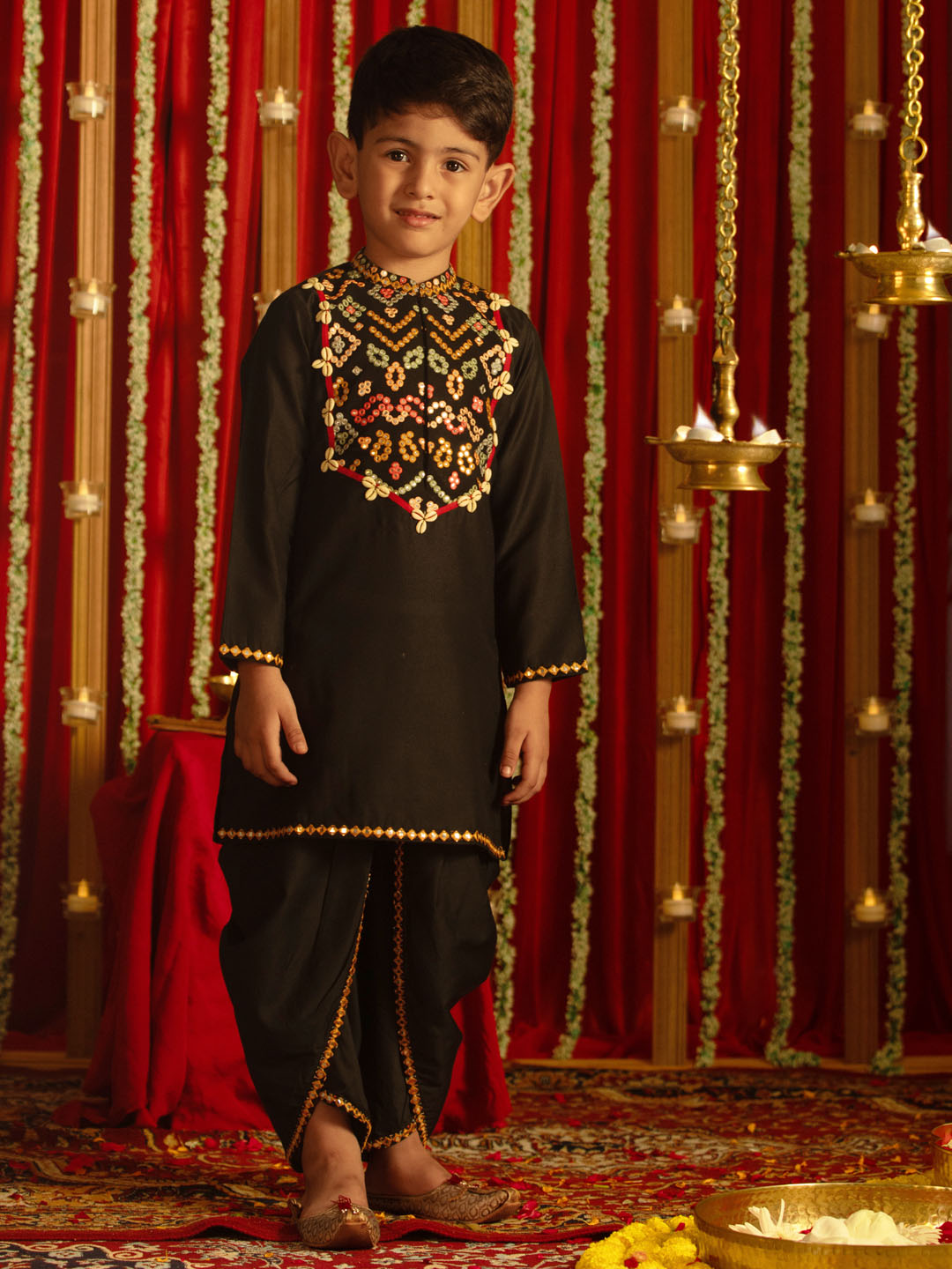 VASTRAMAY Boys' Black Navratri Special Embroidered Dhoti Kurta Set