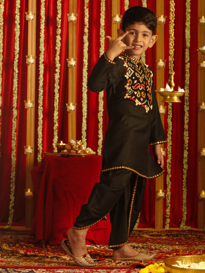 VASTRAMAY Boys' Black Navratri Special Embroidered Dhoti Kurta Set