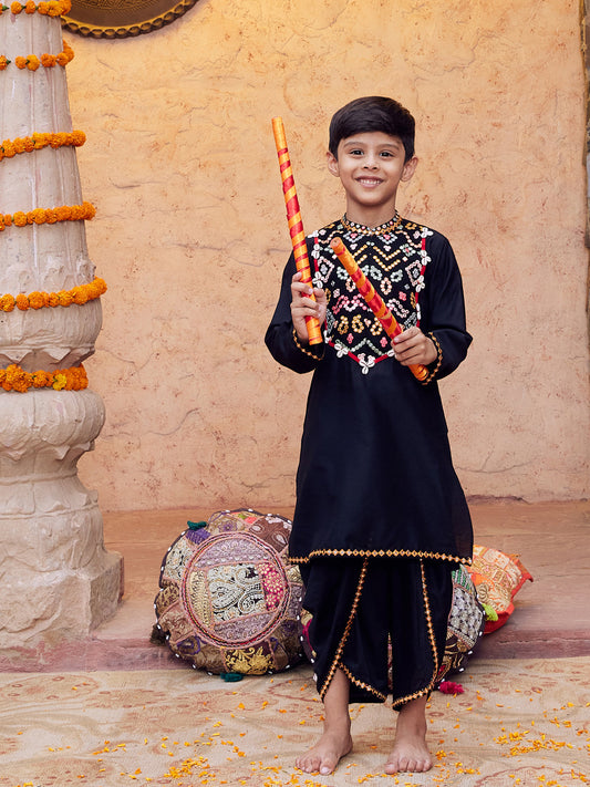 VASTRAMAY Boys' Black Navratri Special Embroidered Dhoti Kurta Set