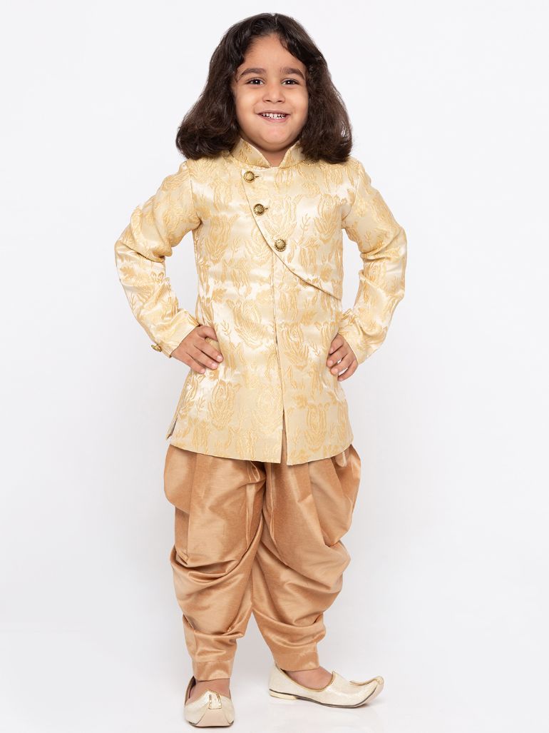 Vastramay Boys' Beige Cotton Silk Sherwani and Churidar Set