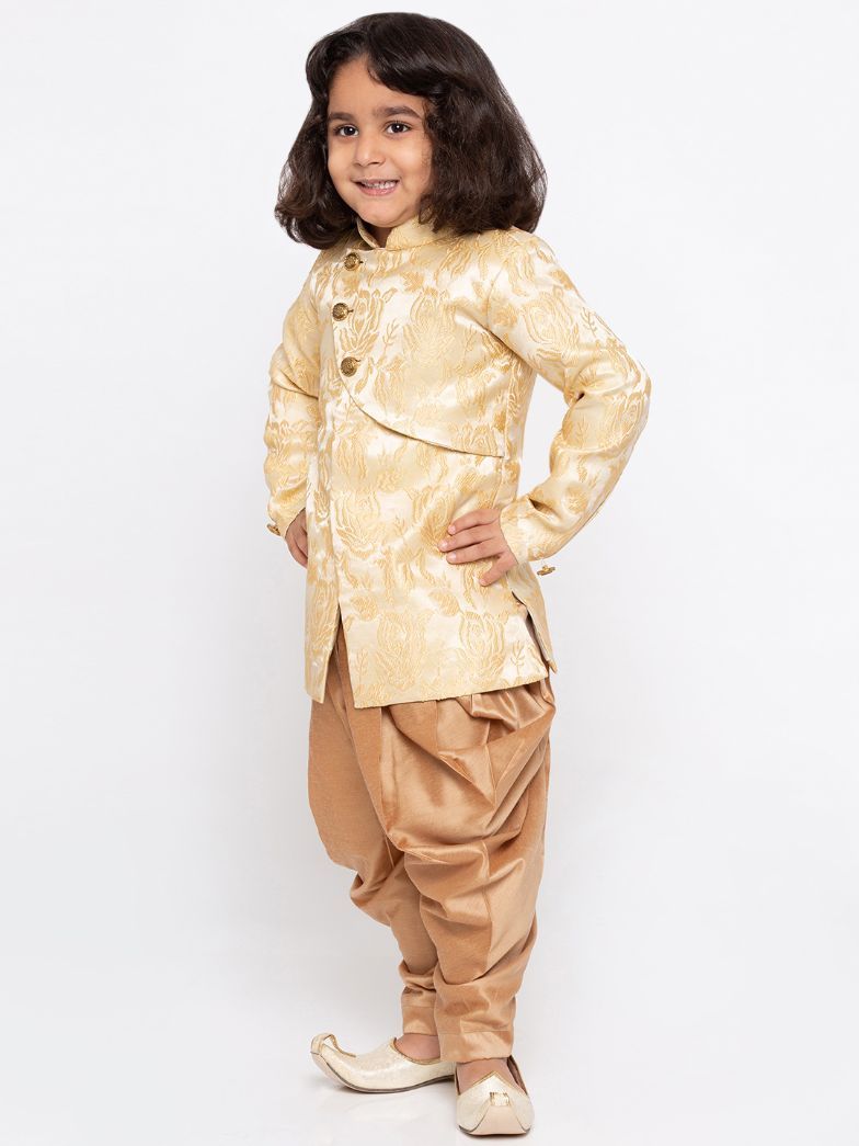Vastramay Boys' Beige Cotton Silk Sherwani and Churidar Set