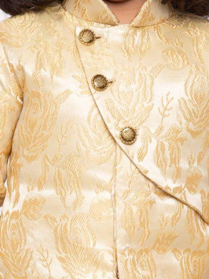 Vastramay Boys' Beige Cotton Silk Sherwani and Churidar Set