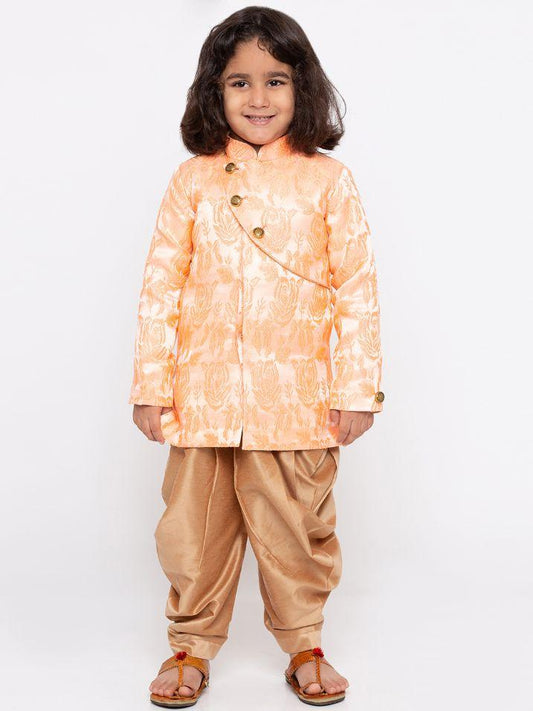 Vastramay Boys' Gold Cotton Silk Sherwani Set