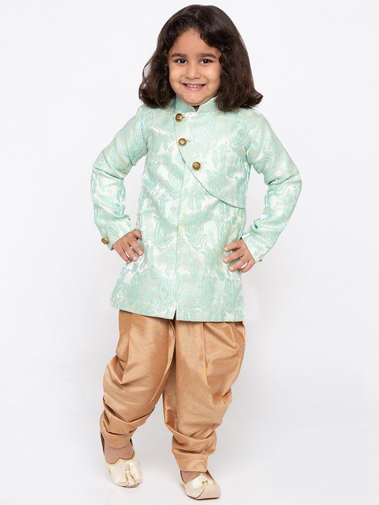 Vastramay Boys' Light Green Cotton Silk Sherwani and Churidar Set