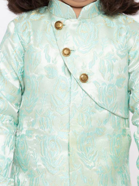 Vastramay Boys' Light Green Cotton Silk Sherwani and Churidar Set