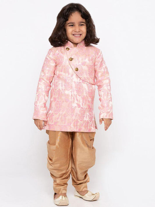 Vastramay Boys' Pink Cotton Silk Sherwani and Churidar Set