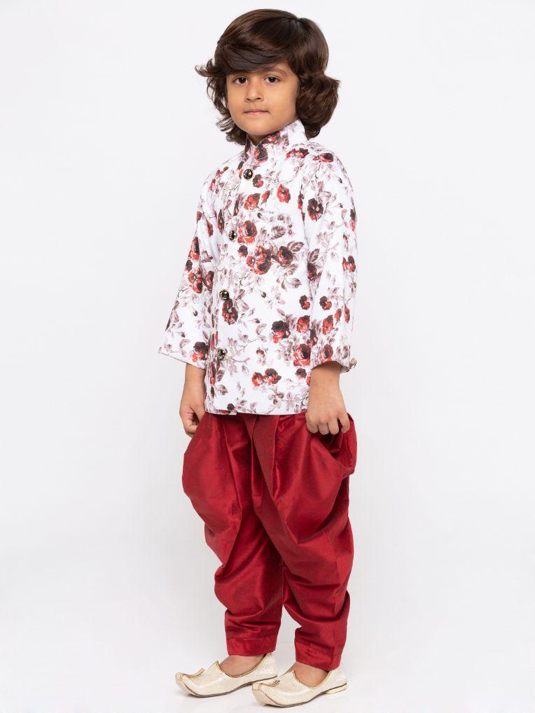 Vastramay Boys' Maroon Cotton Silk Kurta and Dhoti Set