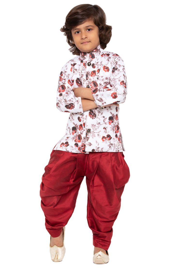 Vastramay Boys' Maroon Cotton Silk Kurta and Dhoti Set