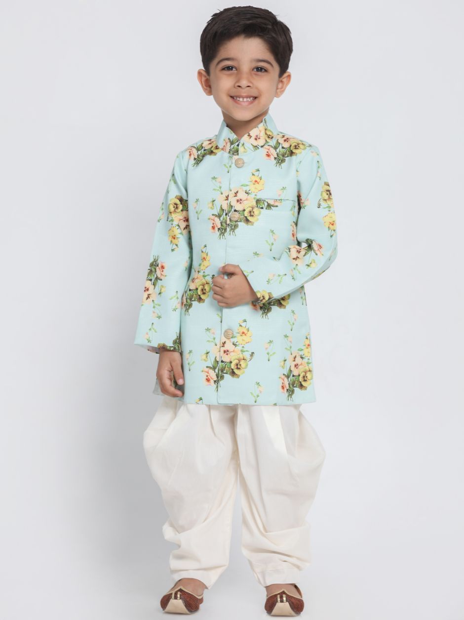 Vastramay Boys' Light Green Cotton Silk Sherwani and Dhoti Set