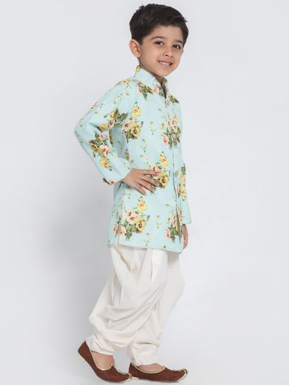 Vastramay Boys' Light Green Cotton Silk Sherwani and Dhoti Set