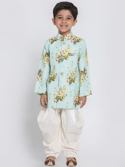 Vastramay Boys' Light Green Cotton Silk Sherwani and Dhoti Set