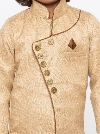 Vastramay Boys' Brown Cotton Silk Sherwani and Churidar Set