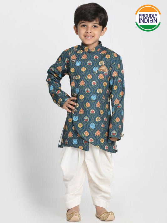 Vastramay Boys Deep Blue Cotton Silk Blend Kurta and Dhoti Pant Set