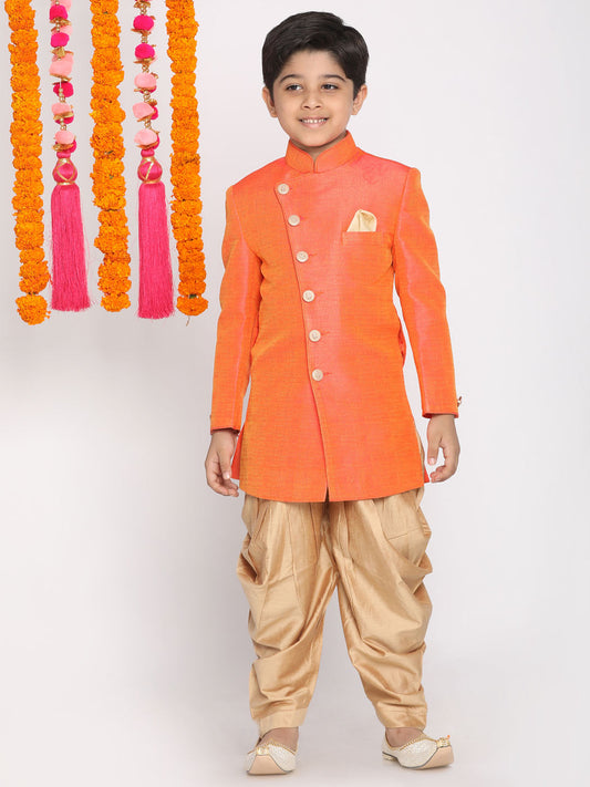 Vastramay Boys Orange And Rose Gold Indowestern Set