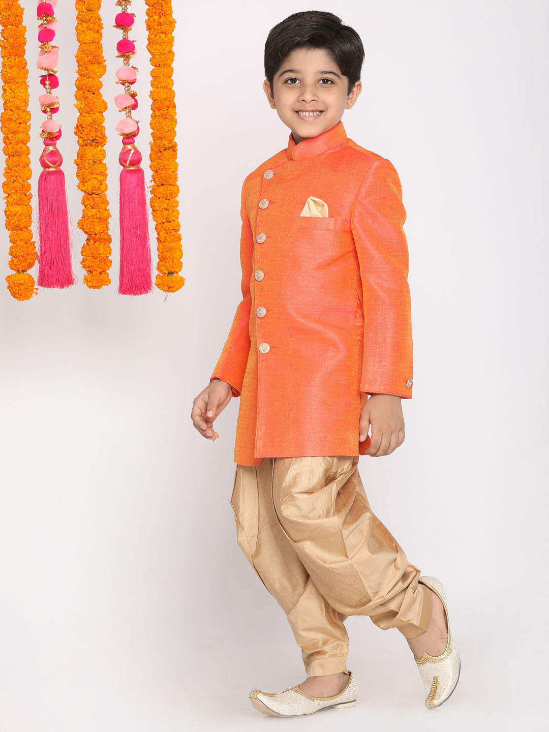 Vastramay Boys Orange And Rose Gold Indowestern Set