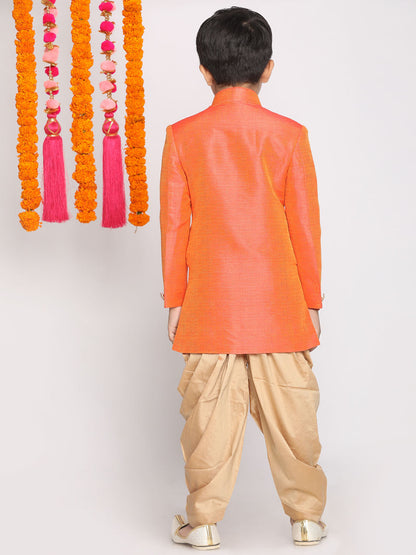 Vastramay Boys Orange And Rose Gold Indowestern Set