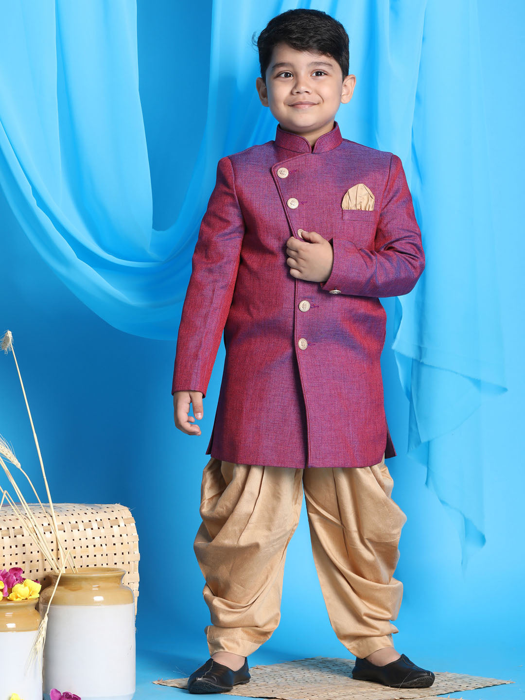 Vastramay boys purple and rose gold indowestern set