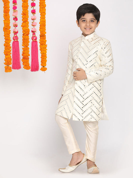 Vastramay Boys Cream-Colored Mirror Work Embellished Slim Fit Sherwani Set