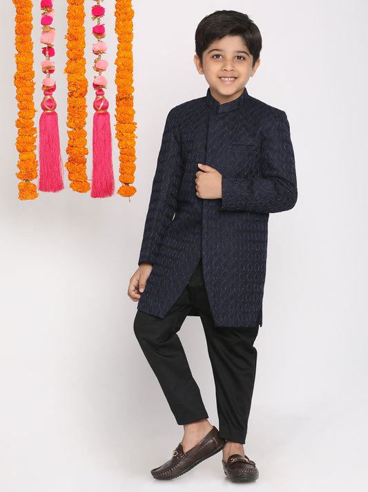 Vastramay Boys Navy Blue Embellished Slim-Fit Sherwani Set