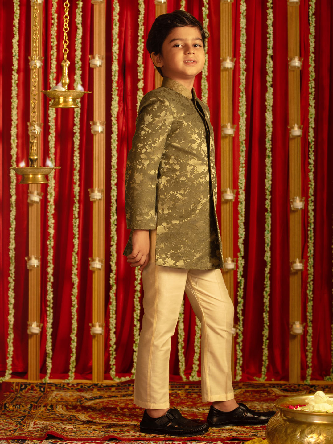 VASTRAMAY Boys' Green Velvet Indo With Cream Pant Set