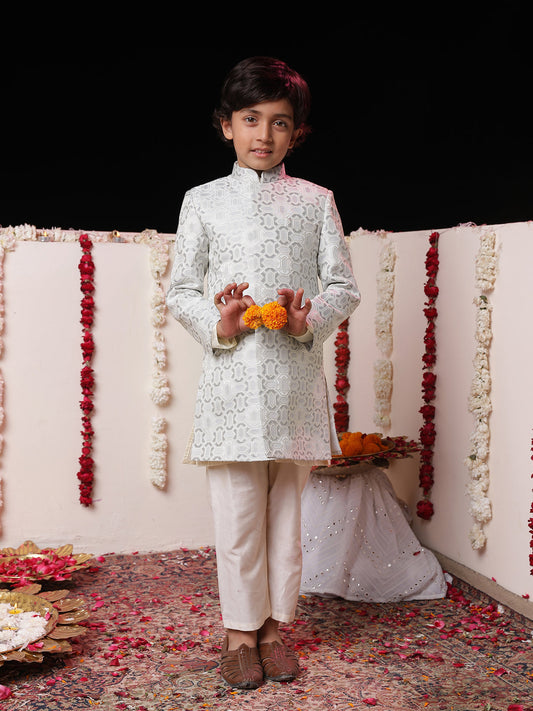 VASTRAMAY Boys' Grey Jacquard Sherwani Set