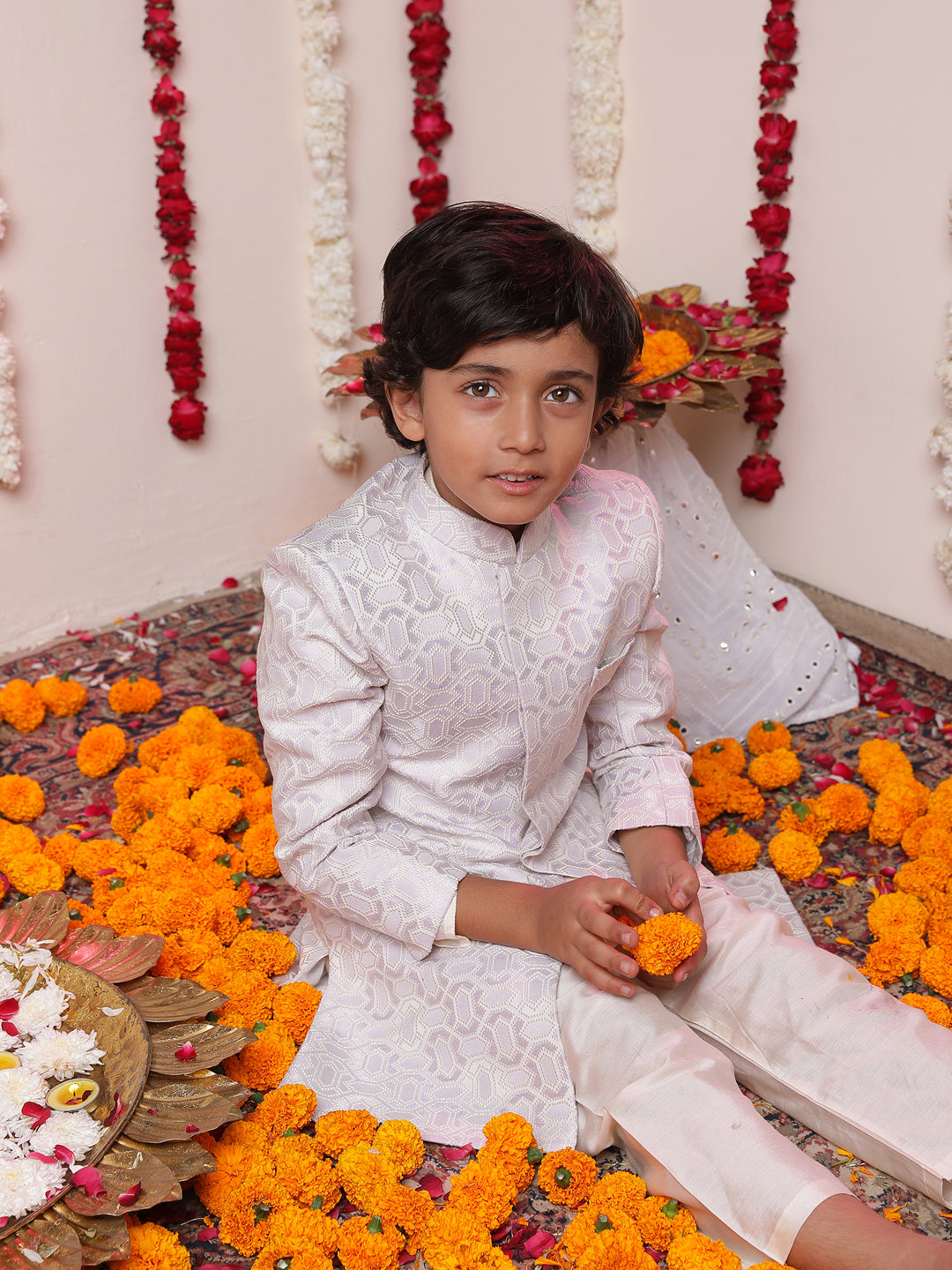 Vastramay  Boys' Purple Jacquard Sherwani Set