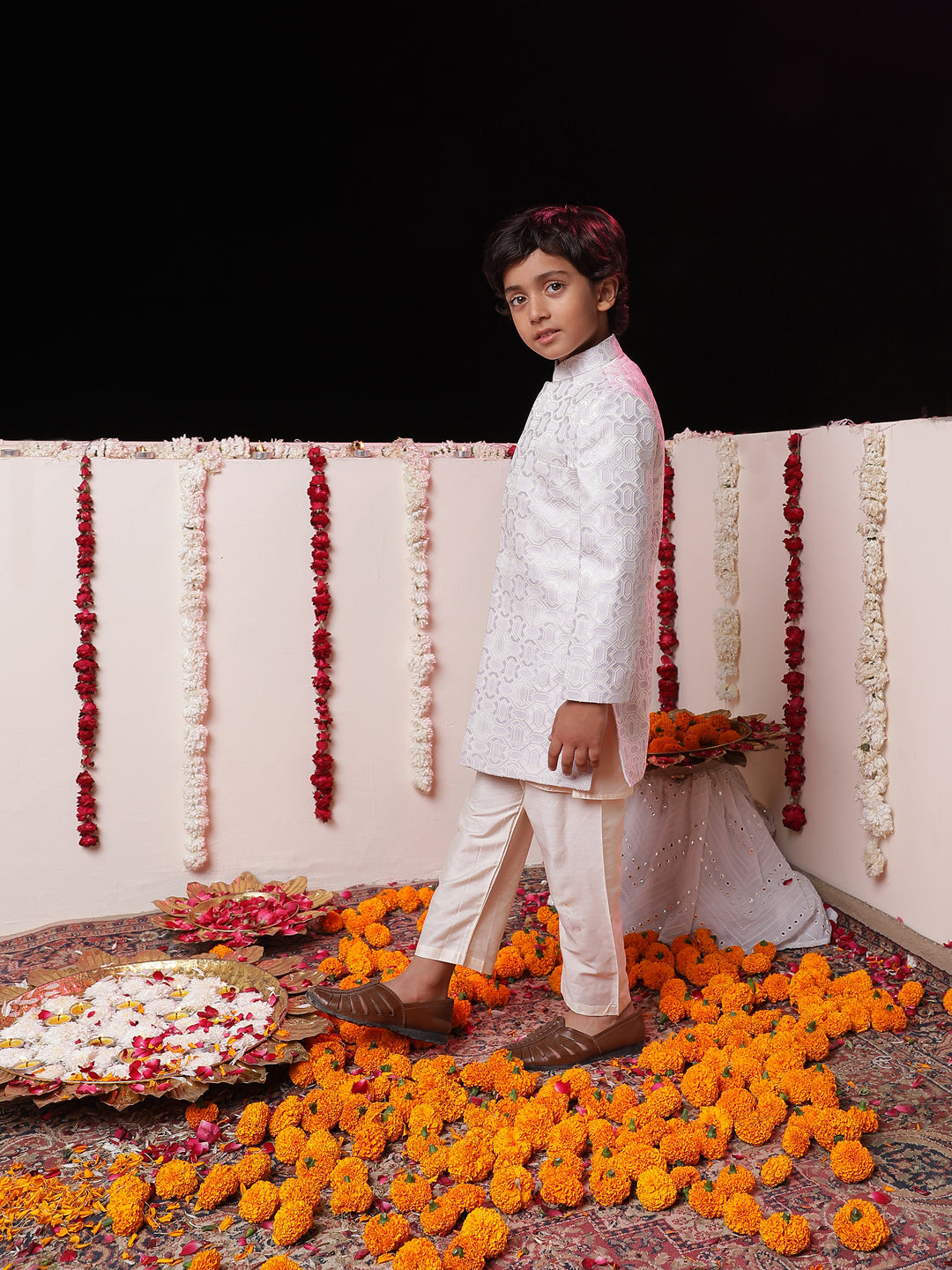 Vastramay  Boys' Purple Jacquard Sherwani Set