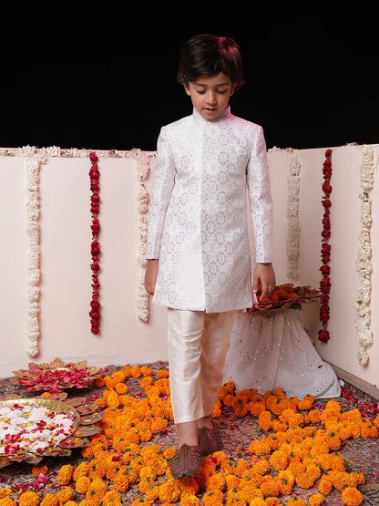 Vastramay  Boys' Purple Jacquard Sherwani Set