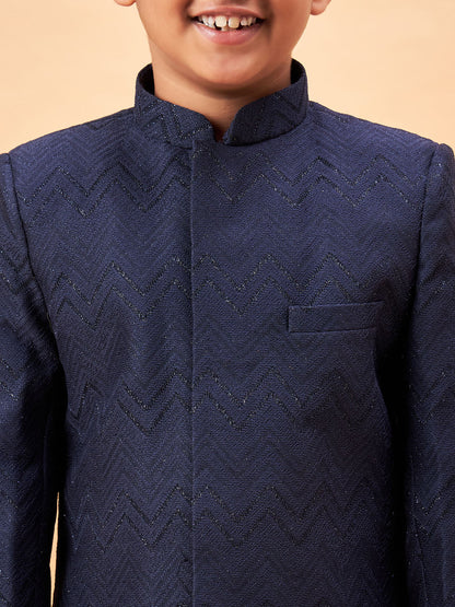 VASTRAMAY Boy's Navy Blue Glitter Indo Western Sherwani Set