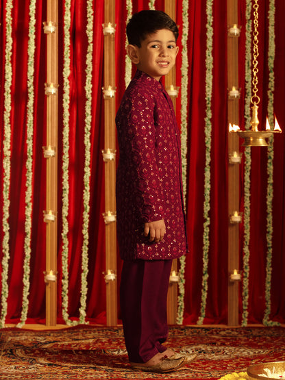 VASTRAMAY Wine Lehenga And Sherwani Festive Siblings Matching Set