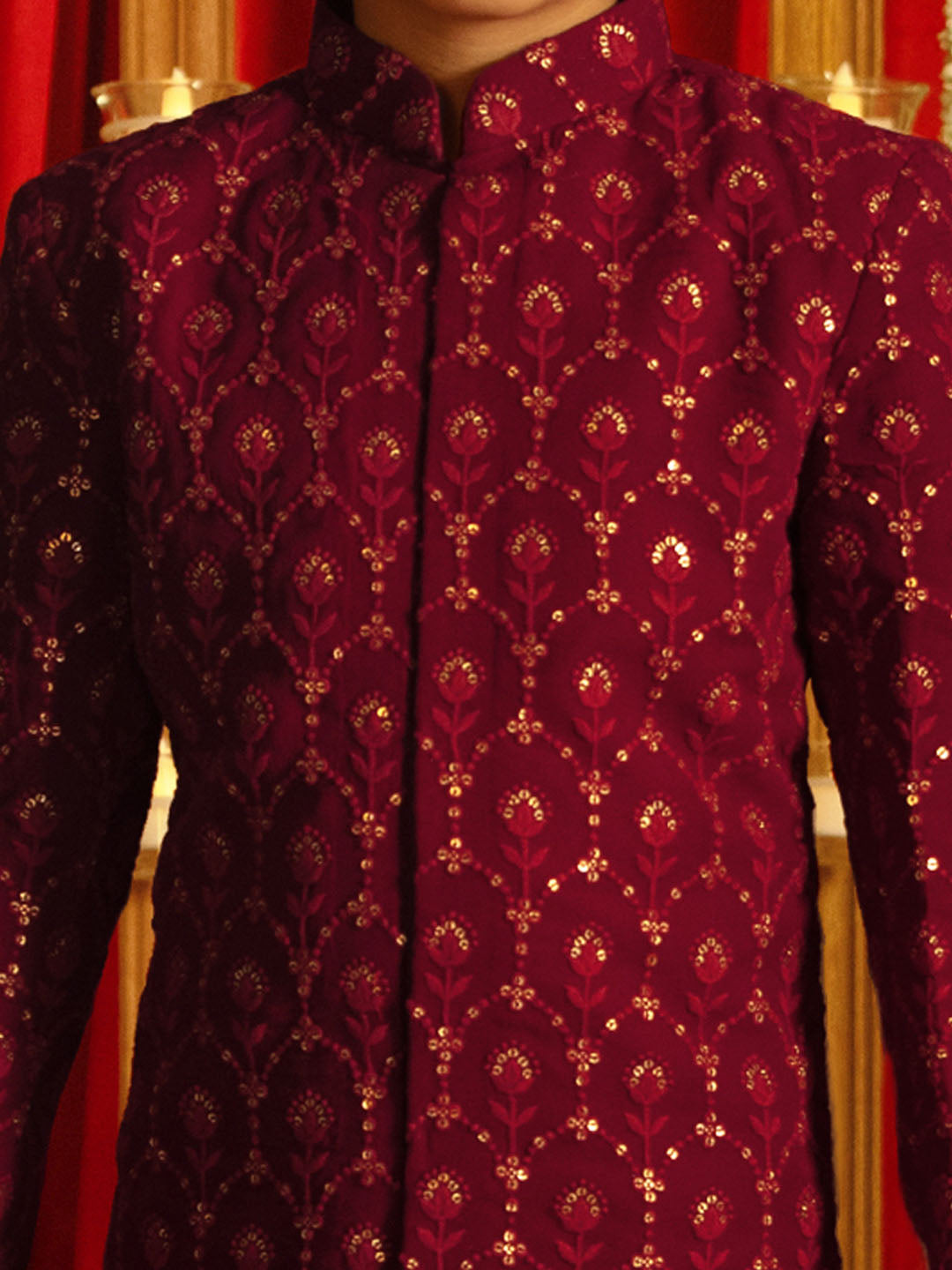 VASTRAMAY Wine Lehenga And Sherwani Festive Siblings Matching Set